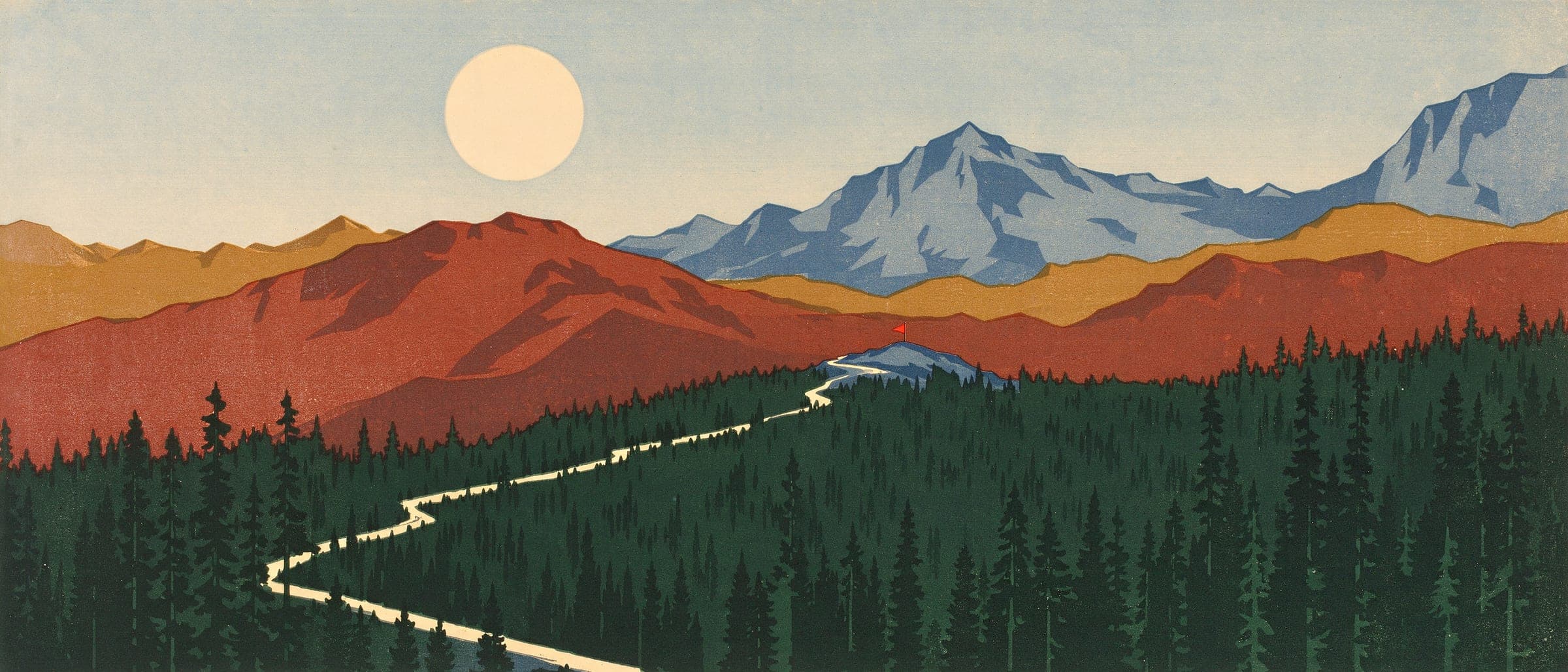 Illustration of a mountain trail climbing through a pine forest to a small summit with a red flag, in a screen-print style.