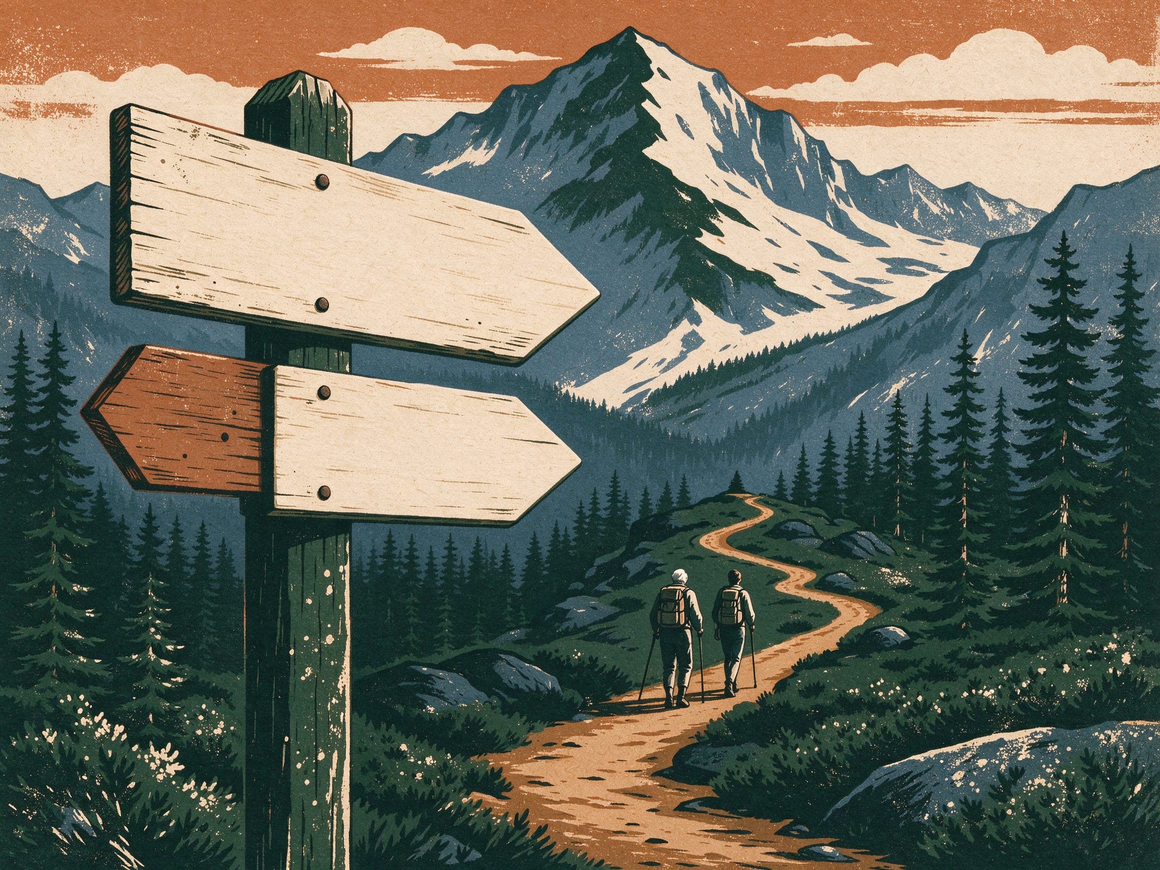 Illustration of a wooden trail signpost with blank boards, and two hikers, one older and one younger, walking up a mountain path.